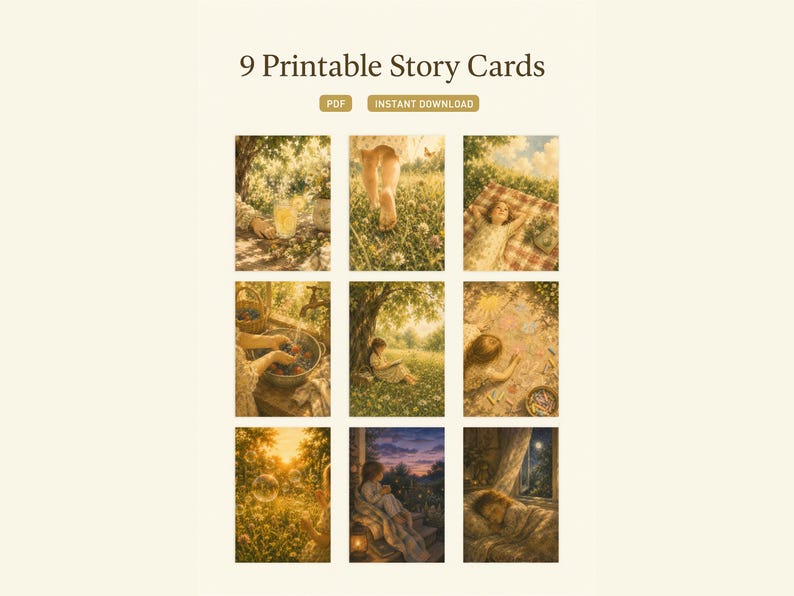 May include: Nine printable story cards with vintage-style illustrations. The cards feature scenes of nature, including a picnic, a person in a field, and a person sleeping. The text "9 Printable Story Cards" is at the top.