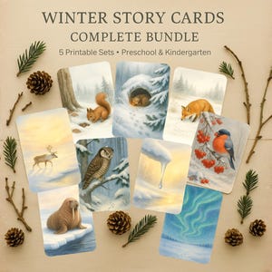 May include: A collection of winter-themed story cards featuring illustrations of woodland animals and winter scenes. The cards include images of a squirrel, fox, owl, deer, walrus, and other winter elements. The cards are surrounded by pinecones and branches.