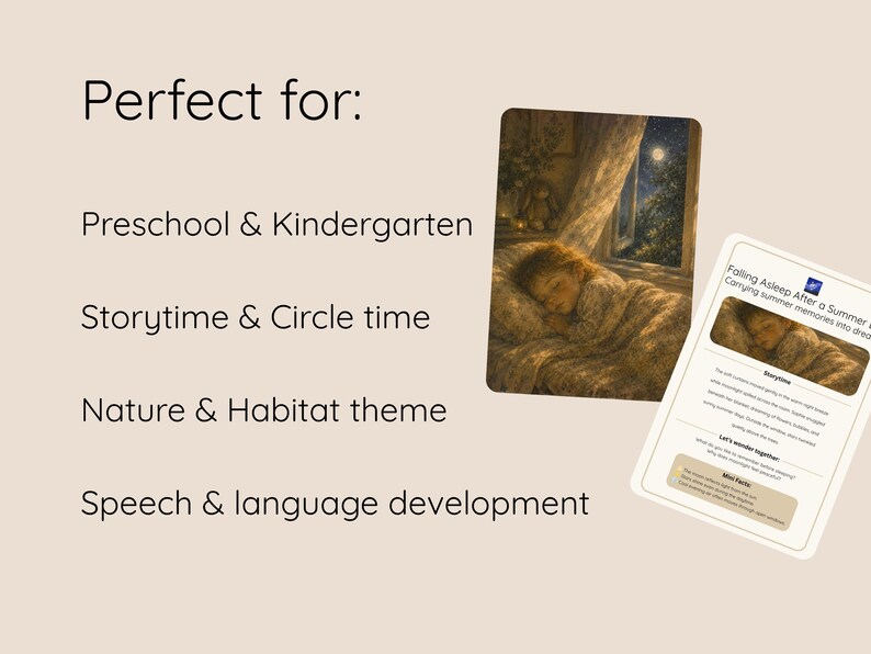 May include: Two cards with text and illustrations. One card shows a child sleeping near a window with a moonlit night scene. The other card has the title "Falling Asleep After a Summer" and text about summer memories.