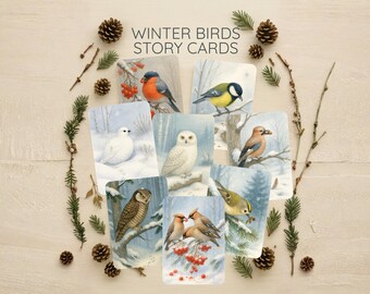 Winter Birds Story Cards – Printable Nature Learning Cards for Kids, Preschool Storytime, Winter Animals, Instant Download