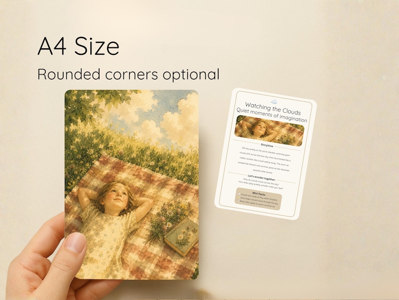 May include: A4 print with optional rounded corners, showing a vintage illustration of a child on a picnic blanket, gazing at the sky. A card with the text "Watching the Clouds" is also present.