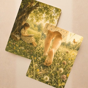 May include: Two rectangular art prints depicting a tranquil outdoor scene. One shows a girl reading under a tree, the other depicts legs walking through a field of wildflowers. A butterfly flutters nearby, creating a sense of peace.
