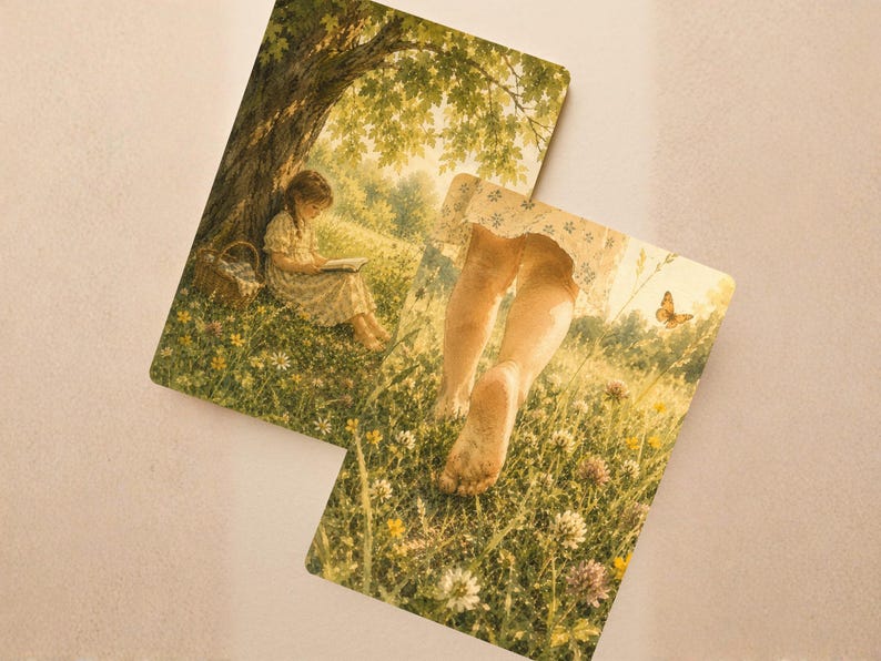 May include: Two rectangular art prints depicting a tranquil outdoor scene. One shows a girl reading under a tree, the other depicts legs walking through a field of wildflowers. A butterfly flutters nearby, creating a sense of peace.