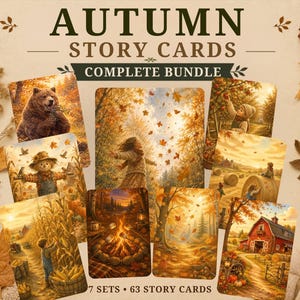 Könnte beinhalten: Eine Sammlung von 63 herbstlichen Story Cards in 7 Sets. Die Karten zeigen saisonale Szenen mit einem Bären, einer Vogelscheuche, einem Lagerfeuer, einer roten Scheune und Kindern in herbstlichen Landschaften mit fallendem Laub und Mais.