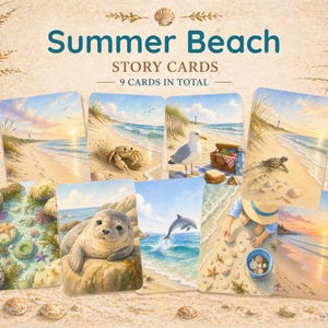 May include: Nine story cards with beach scenes, including a crab, seagull, turtle, seal, and dolphin. The cards are titled "Summer Beach" and feature illustrations of the ocean, sand, and sky. The cards are surrounded by sand, shells, and beach grass.