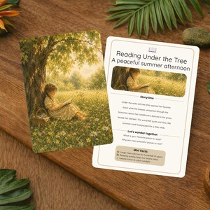 May include: Two cards on a wooden surface. One card shows an illustration of a person reading under a tree. The other card has the text "Reading Under the Tree A peaceful summer afternoon". Green leaves surround the cards.
