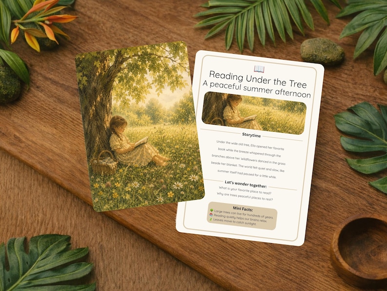 May include: Two cards on a wooden surface. One card shows an illustration of a person reading under a tree. The other card has the text "Reading Under the Tree A peaceful summer afternoon". Green leaves surround the cards.