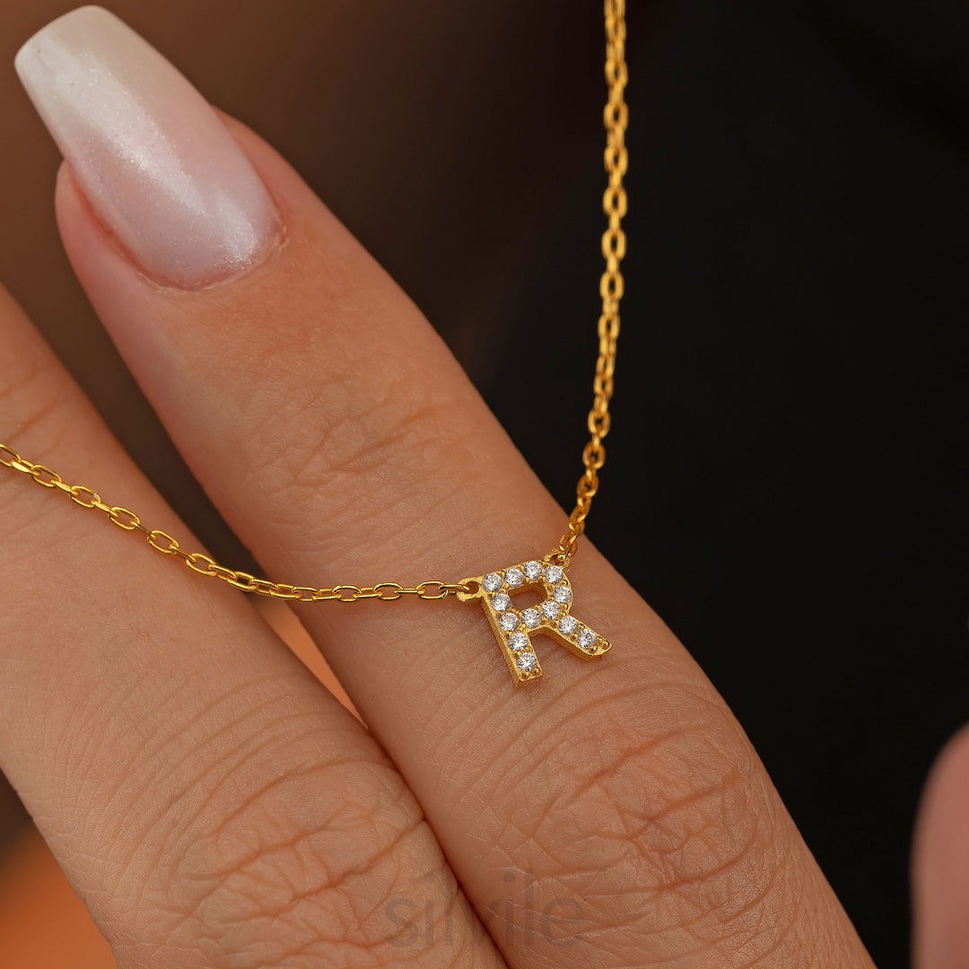 Solid Gold Initial Necklace Pave Initial Necklace 14K Solid - Etsy