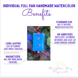 May include: A handmade, rectangular, light blue watercolor paint pan with three pink dots, set against a background of green leaves and blue flowers. Text highlights benefits: long-lasting, magnetized, and standard size.