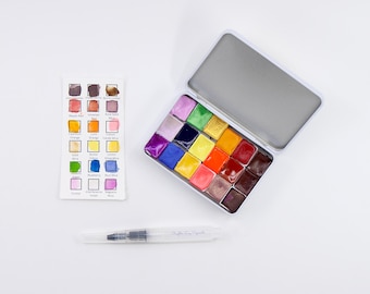Sweet Tooth Watercolor Palette | 18 Handmade Half Pans | Shimmer Mica Watercolors | Painting Set + Brush & Swatch Chart