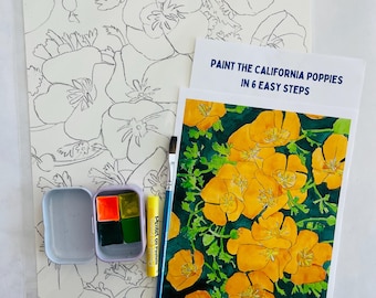 Könnte beinhalten: Ein Malen-nach-Zahlen-Set mit kalifornischen Mohnblumen. Das Set enthält einen Pinsel, eine kleine Palette mit Aquarellfarben, einen gelben Stift und zwei Blätter Papier. Ein Blatt zeigt eine Linienzeichnung von Mohnblumen, das andere Blatt zeigt ein fertiges Gemälde von gelben Mohnblumen auf grünem Hintergrund. Der Text auf dem Blatt lautet "Maler die kalifornischen Mohnblumen in 6 einfachen Schritten" und "Kalifornische Mohnblumen".
