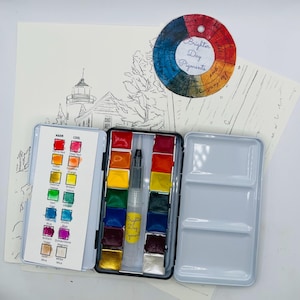 AQUAREL REISSET Kleurenmengpalet opvouwbaar blikje 14 kleuren, 3 schilderpagina's, watervulbaar penseel en gratis gids voor het mengen van kleuren.