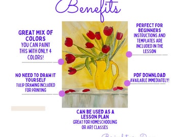 DIGITAL DOWNLOAD Paint Watercolor Tulips in 7 Easy Steps Painting Lesson PDF with Template and intructions. Learn to paint for beginners.