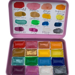 CUSTOM WATERCOLOR SET Made to Order. Pick your favorite 16 colors Artist grade handmade paint in Full Pan Magnetic with Pink Palette.