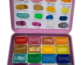 AANGEPASTE aquarelset op bestelling gemaakt. Kies je favoriete 16 kleuren handgemaakte verf van kunstenaarskwaliteit in Full Pan Magnetic met roze palet.