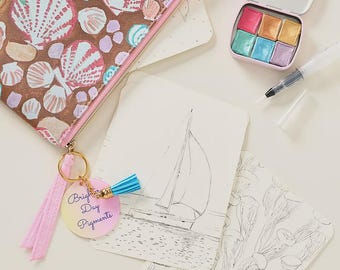 HANDMADE WATERCOLOR KIT with 6 all Shimmer watercolors gift for Artist Paints Travel Palette with Refillable paintbrush & 10 Postcards