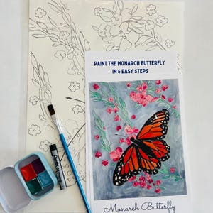 KIT DE PEINTURE AQUARELLE Peindre le papillon monarque se fait en 6 étapes faciles. Ensemble de peinture faite main inclus avec pinceau et instructions.