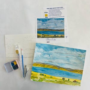 KIT DE PEINTURE AQUARELLE Peignez Bear Lake en 11 étapes faciles Colorez une scène du lac de l'Utah Idaho avec des instructions, des aquarelles faites à la main et un pinceau.