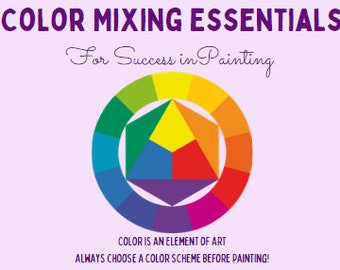 May include: A colour wheel with a hexagon in the centre. The hexagon is divided into five sections, each a different colour: red, yellow, blue, green, and purple. The text "COLOR MIXING ESSENTIALS" is at the top of the image, and the text "For Success in Painting" is below the colour wheel. The text "COLOR IS AN ELEMENT OF ART" is below the colour wheel, and the text "ALWAYS CHOOSE A COLOUR SCHEME BEFORE PAINTING!" is below that.