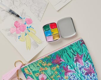 CADEAUSET Handgemaakte aquarel reisset met 6 halve napjes, zakje met roze bloemen geïllustreerd 10 ansichtkaarten, watervulbaar penseel, 4 kunstliefhebbers