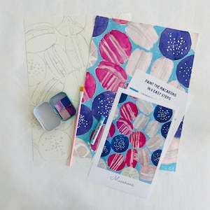 KIT DE PEINTURE AQUARELLE Peignez les macarons en 6 étapes faciles. Colorez des pâtisseries françaises avec des aquarelles faites à la main. Apprenez à peindre avec des instructions.