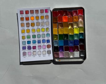 HANDMADE WATERCOLOR SET 48 Half Pans of all colors. Fluorescent, Shimmery and Earth Tone paints. Artisan professional grade palette in tin.