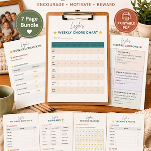 May include: A seven-page printable chore chart and reward system bundle featuring a weekly chore chart, reward tracker, reward coupons, daily schedule, and evening notes. The documents include text headers like Layla's Weekly Chore Chart.