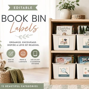 Etichette per contenitori di libri ad acquerello modificabili / Organizzazione neutra della biblioteca scolastica (stampabili)