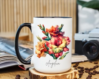 Personalized Gladiolus Mug: August Birth Flower Coffee Cup