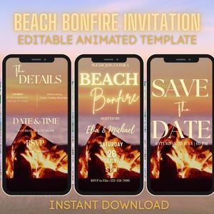 May include: Three smartphone screens displaying a beach bonfire invitation. The screens show details, the event name, and a save-the-date message. The background features a beach scene with a bonfire and sunset.