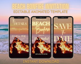 Digital Beach Bonfire Invitation | Animated Summer Party Invite | Editable Mobile Template | Birthday Graduation 4th of July Sunset Wedding