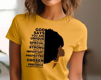 Camiseta con versículo bíblico, Dios dice, camiseta de historia afroamericana, unisex, camiseta para mujer afroamericana, ropa inspiradora afroamericana, regalo para ella