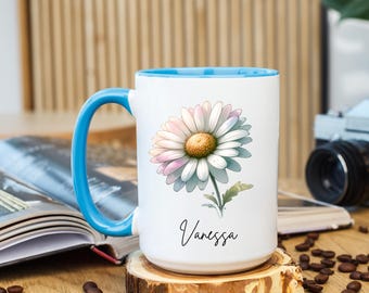 Taza personalizada con margaritas, taza con la flor de nacimiento de abril, regalo de cumpleaños personalizado