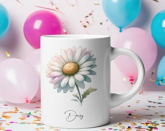 Taza con flor de nacimiento de abril: Margarita como regalo de cumpleaños