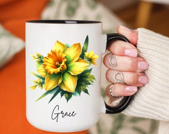Mug jonquille personnalisé : tasse de café fleur de naissance de mars