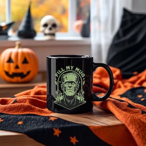 Halloween Mug, Frankenstein Mug, Fall Coffee Mug, Black Mug, Halloween Gift