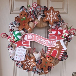 Christmas Wreath, Holiday Decor, Gingerbread Front Door Decoration, Handmade Christmas Wreath, Mesh Burlap Peppermint Candy Vintage Style