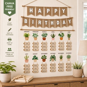 May include: A wall-mounted birthday calendar featuring two rows of burlap pennants spelling HAPPY BIRTHDAY. Below, twelve columns represent each month, each topped with a potted plant illustration and hanging wooden tags with names.