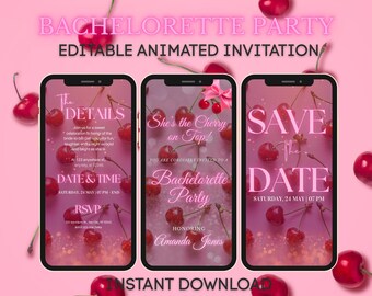 She&#39;s the Cherry on Top Bachelorette Invitation | Editable Digital Template | Cherry Party Invite | Bach Bash Animated Mobile Download Evite