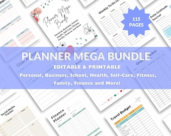 Puede incluir: Una colección de páginas de planificador imprimibles con una pancarta azul que dice "Planner Mega Bundle Editable & Printable". La pancarta está sobre un collage de páginas de planificador con títulos como "Goal Action Planner", "Weekly To Do List", "Finance Planner", "Travel Budget", "Social Media Tracker", "Daily Gratitude Journal", y "Order Tracker". El texto "115 Pages" está en forma de estrella.