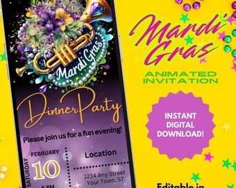 May include: Animated digital invitation for a Mardi Gras dinner party. The invitation features a purple, green, and gold trumpet with beads and flowers. The text on the invitation reads "Mardi Gras Dinner Party" and includes the date, time, and location of the event. The invitation is editable in Canva.