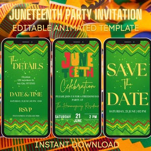 May include: Three smartphones displaying Juneteenth party invitations. The invitations feature green backgrounds with gold text, including details, date, and time. The background includes colorful African-inspired fabric.