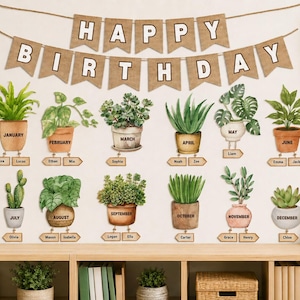 以下が含まれることがあります： 麻布風のHappy Birthdayバナーと、1月から12月までの月名が記された12種類の水彩画風鉢植え植物のウォールステッカーセット。各月には誕生日用のネームタグがあり、Every day is a chance to growと書かれた額縁も含まれています。