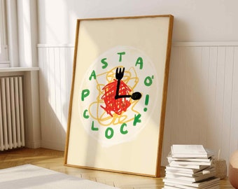 Pasta o' Clock Druck, Spaghetti Druck, Handgezeichnet Paster Poster, Italienisches Essen Druck, Pasta Poster, Küchen Wand Kunst, Retro Print, Moderne Kunst