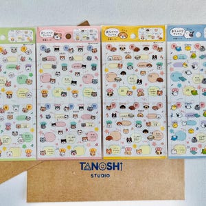 May include: Four sheets of stickers with colorful illustrations of animals and speech bubbles. Each sheet has a different color scheme: green, pink, yellow, and blue. The stickers feature cats, dogs, birds, and other cute characters.