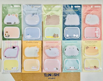 Bloc de notas adhesivas Kimama de Furukawa Shiko, hecho en Japón. Lindo gato kawaii, zorro, pájaro, oso de peluche, animales estéticos, colores suaves.