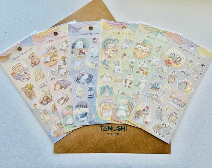 Kurasu Sticker Sheets by Mind Wave Cute Kawaii Baby Animals Bear Cat Ghost Bunny Rabbit Panda Penguin Cozy Lazy Playful Soft Colorful Animal
