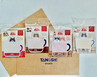 Kalita Shaped Sticky Notes by FURUKAWASHIKO Cute Kawaii Cat In Teacups Coffee Mugs Memo Ribbon Patterns Coffee Cat Lovers