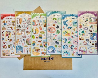 Shinpasha's picture book Sticker Sheets by Mind Wave Made in Japan Story Telling Ghost Dog Bear Swan Cat Shark Water Paint Style