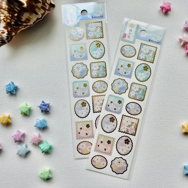 Japanese Flower Stamps Sticker Sheets | Made in Japan | Gold Foil Paper | For Scrapbooking, Journaling, Planning, Decorating, Envelope Seal